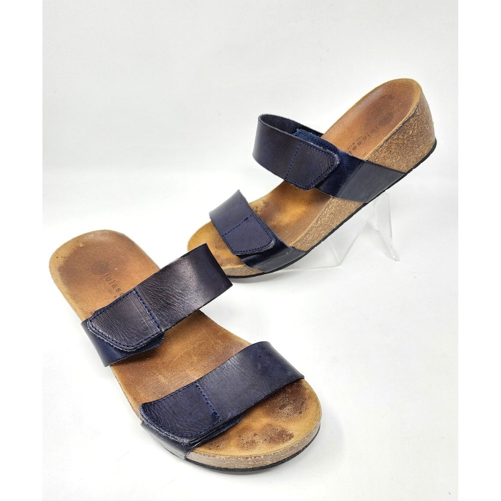 LOLA SABBIA Eric Michael Lily Shoes 38 US 7.5 Navy Leather Cork Wedge Sandal